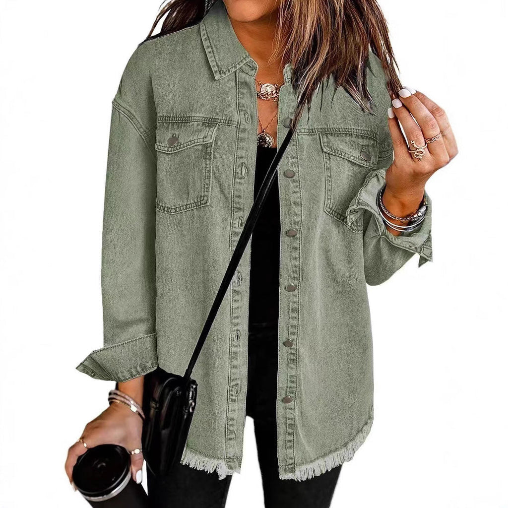 Women's Oversized Denim Shirt with Fringes, Size