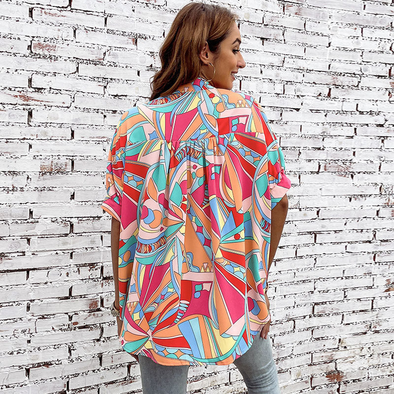 Women's colorful blouse with geometric pattern and fashionable button placket, size