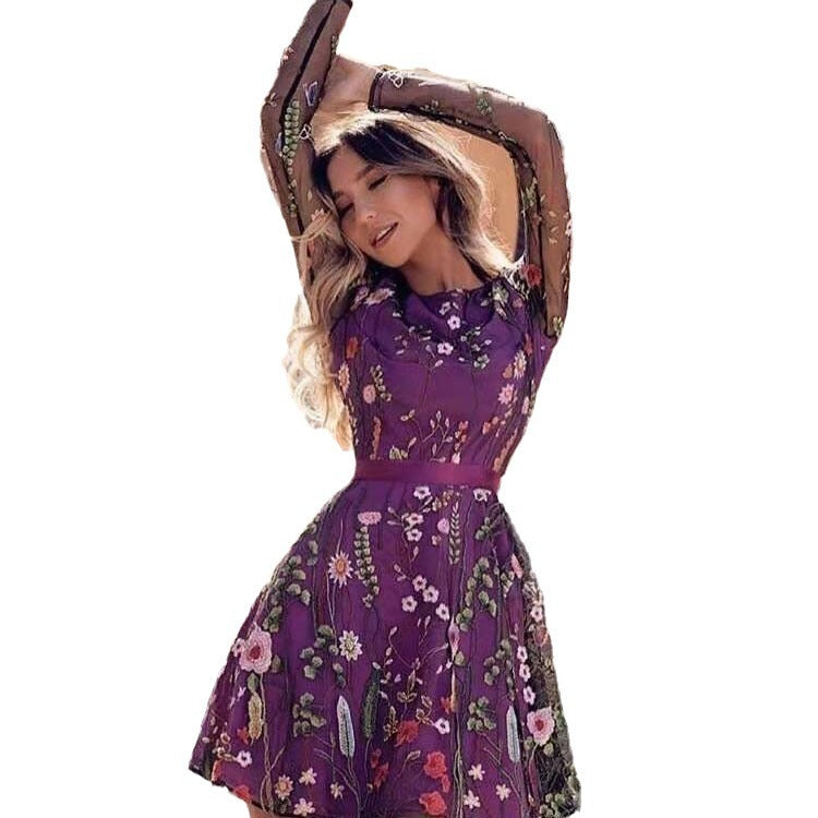 Women's elegant dress with floral embroidery and sheer sleeves, size [size missing]