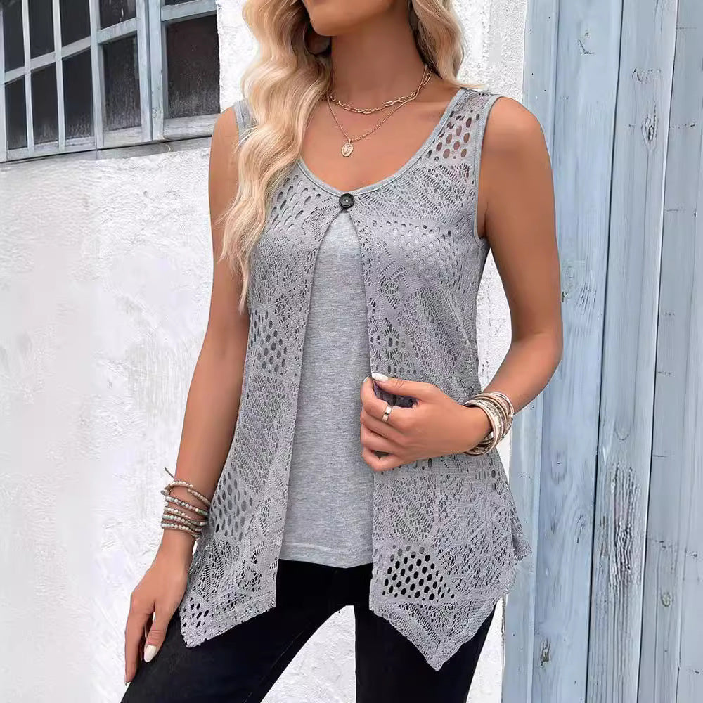 Ärmelloses Spitzen-Tunika-Shirt für Damen mit modischem Knopfverschluss, Größe
