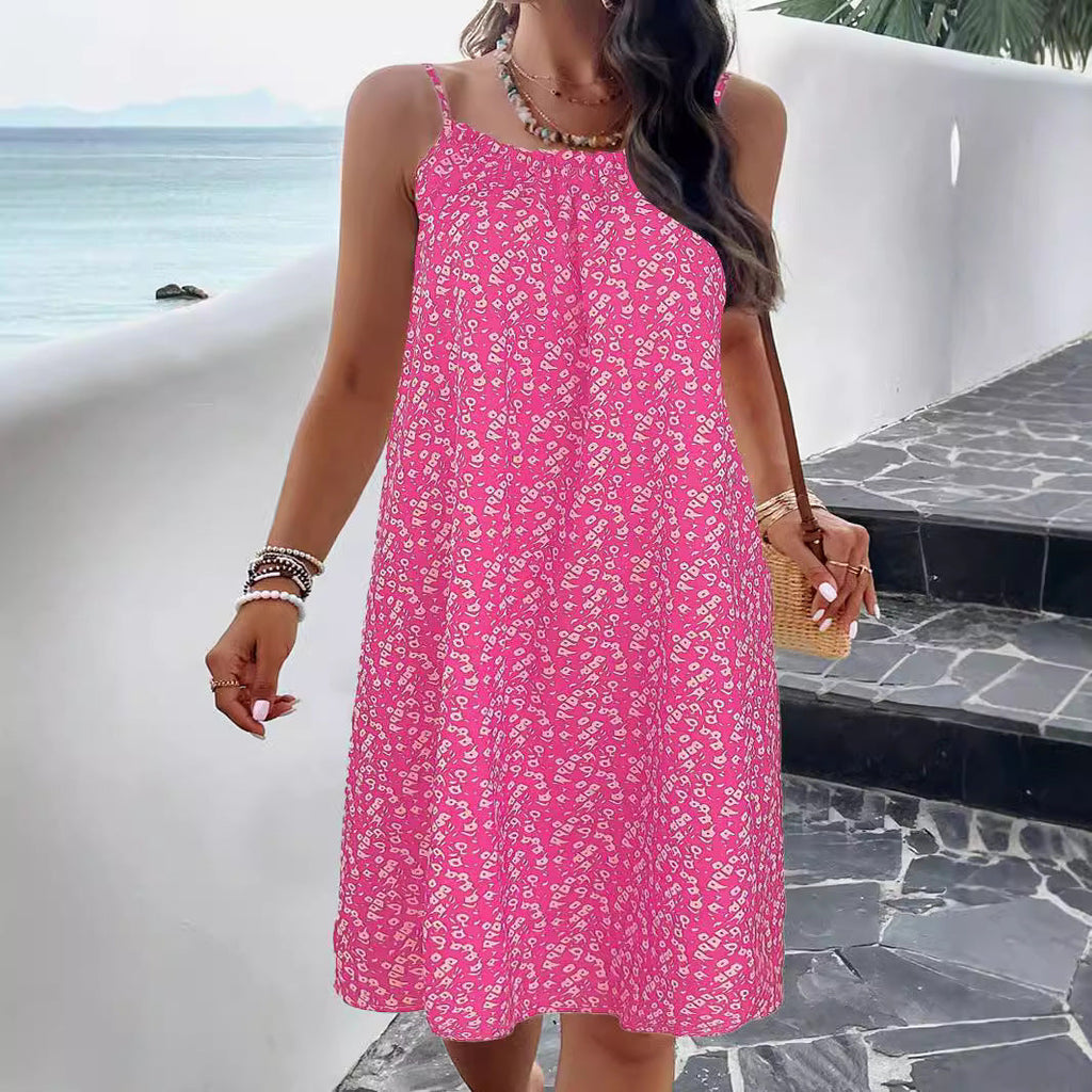 Women's Sleeveless Summer Dress with Elastic Waist and Floral Print Drune