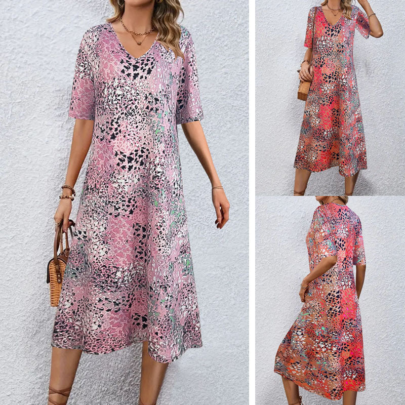 Damen-Midikleid mit V-Ausschnitt im lässigen Animal-Print-Stil, Größe S