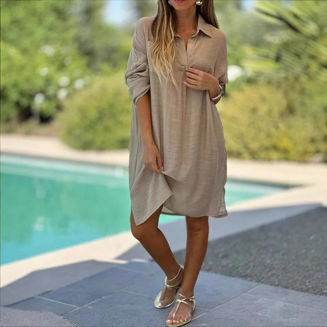 Women's airy summer dress with elegant stand-up collar