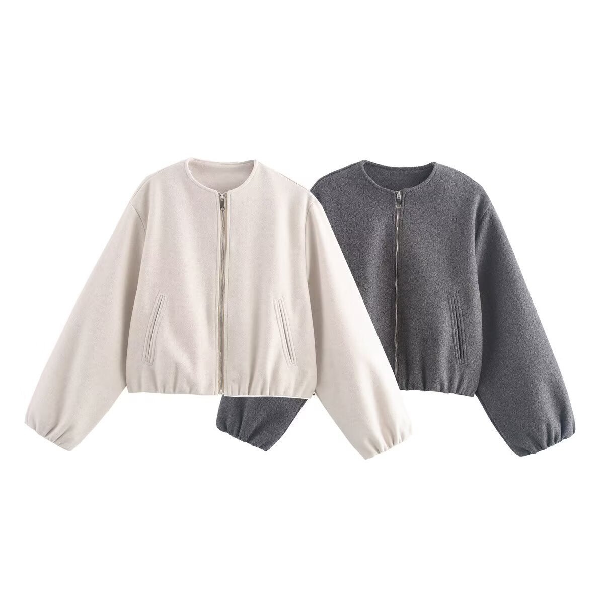 Women's casual short jacket with voluminous sleeves and metallic zipper, size S