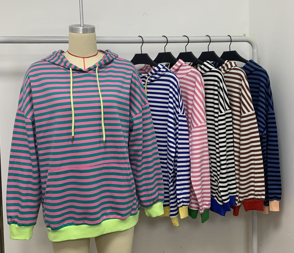 Women's striped hoodie with stylish kangaroo pocket, size S