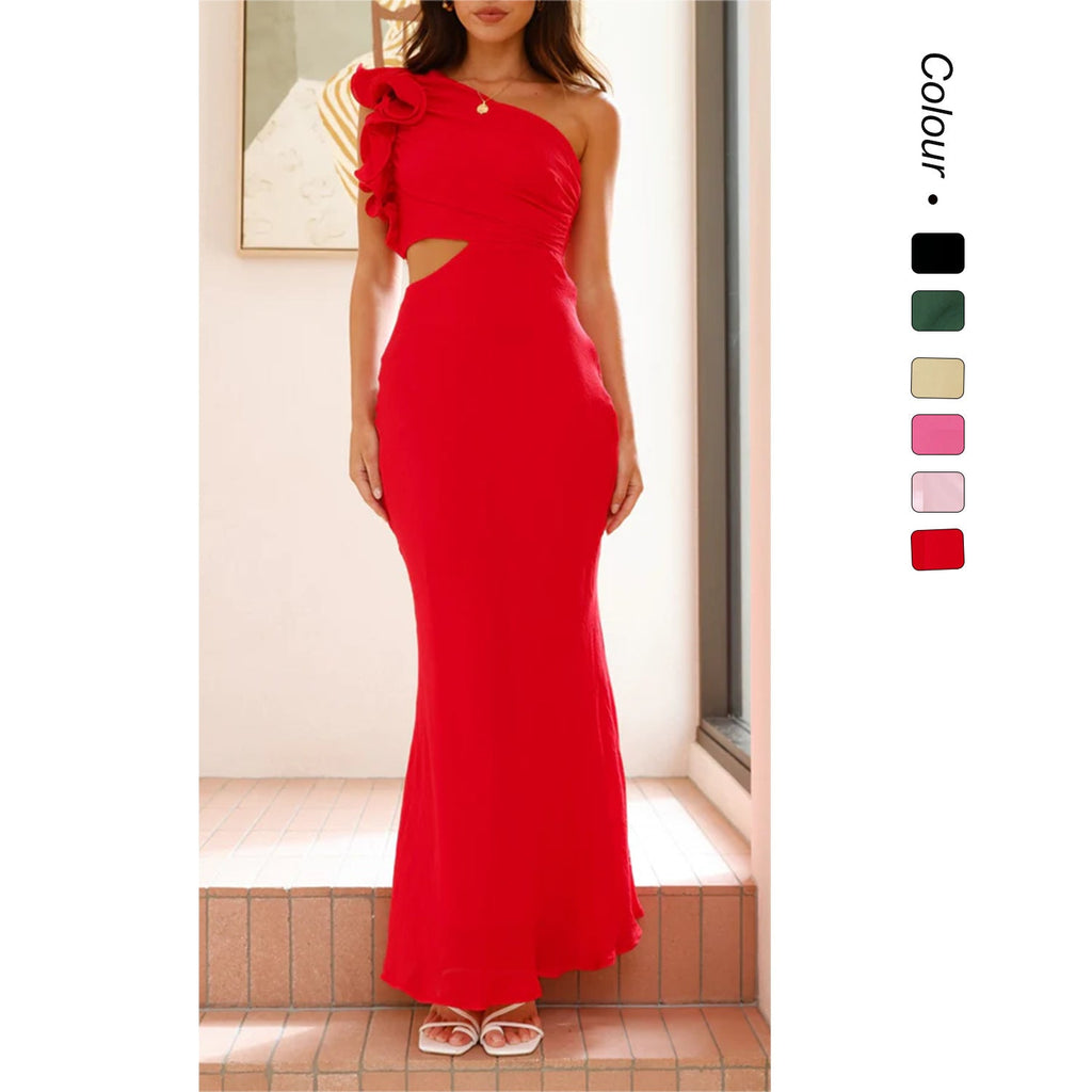 Women's cocktail dress with asymmetrical cut and ruffle details, size