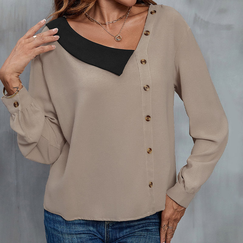 Damenbluse mit asymmetrischem Kragen und Knopfdetails, Größe