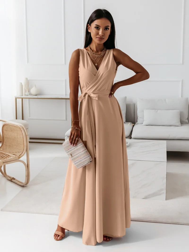 Valenzora - Women's solid color V-neck long dress