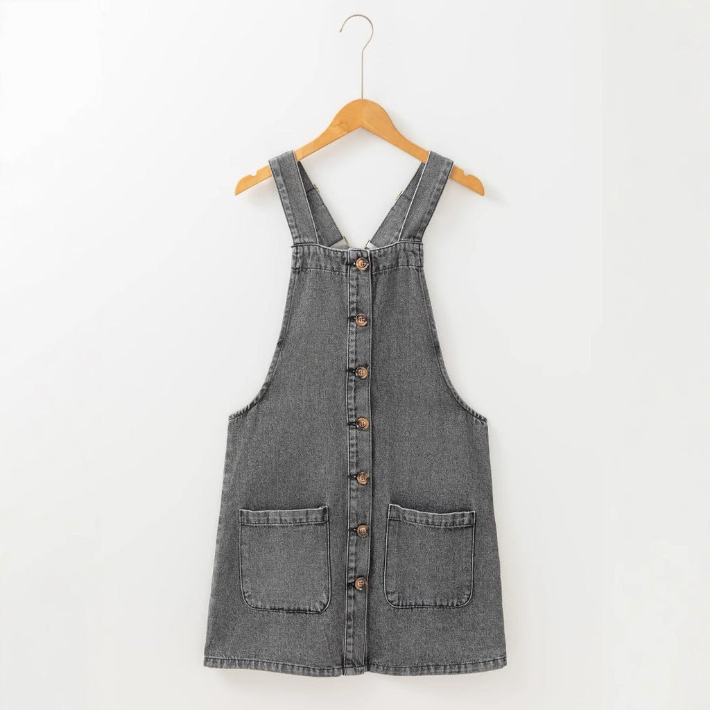 Women's denim dungaree dress with practical pockets and button details Drune