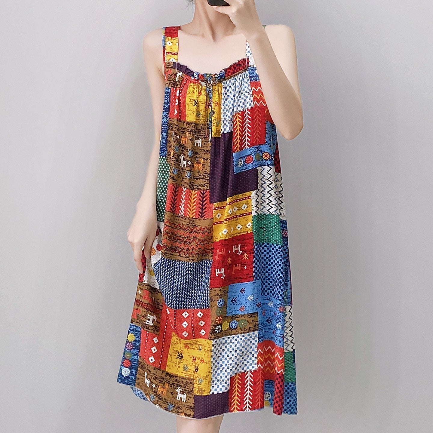Valenzora | Boho Patchwork Sleeveless Swing Dress