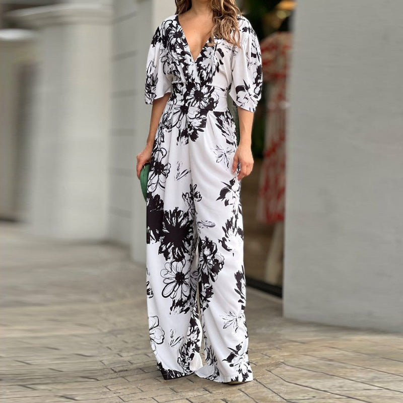 Women's jumpsuit with floral design and voluminous sleeves, size