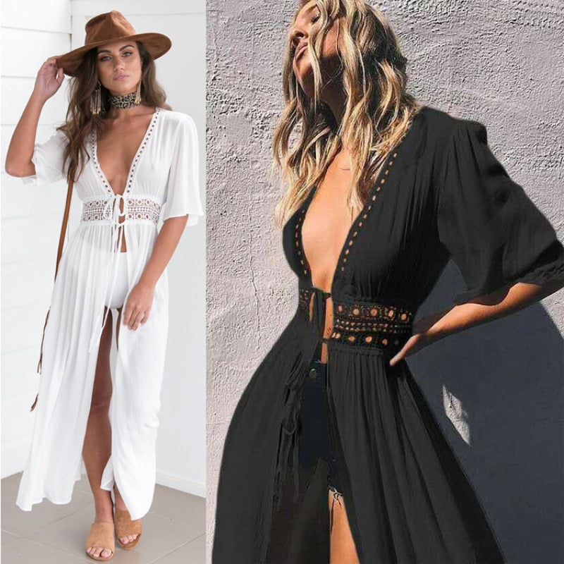 Women's beach wrap with deep V-neck and exquisite neckline details, size Valenzora