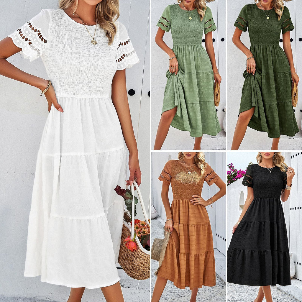 Women's midi dress with puff sleeves and elasticated top, size