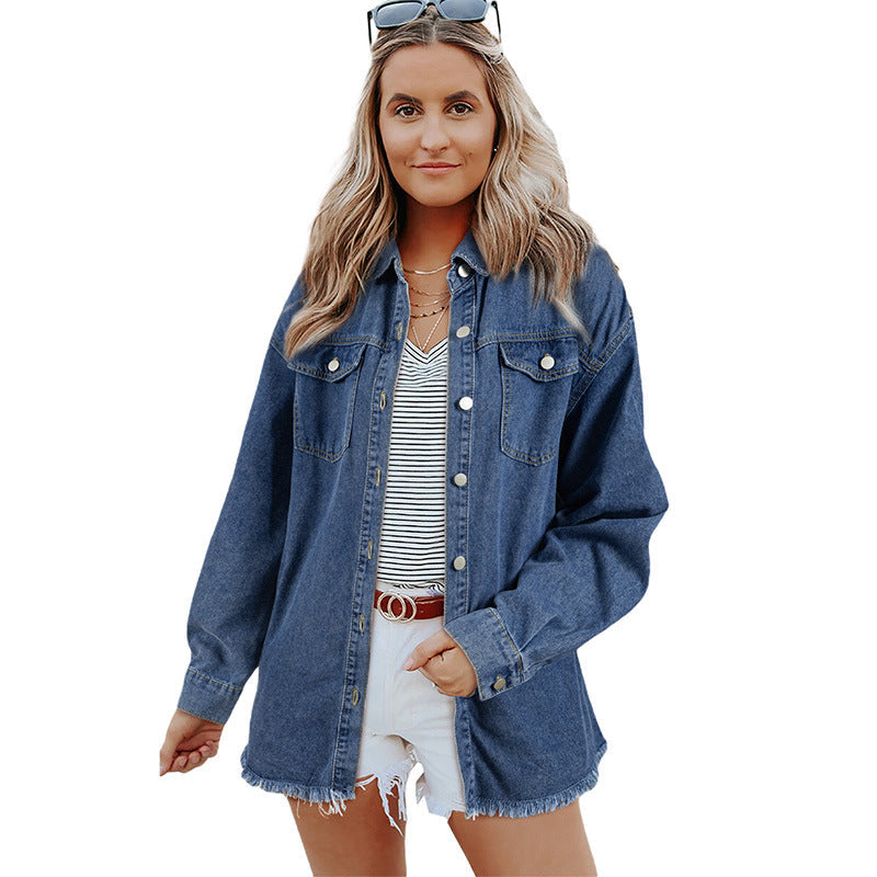 Women's denim shirt jacket with rounded hem and detachable pockets, size S