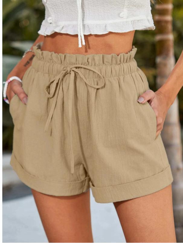 Women's elegant high-waisted fabric shorts with side pockets, size