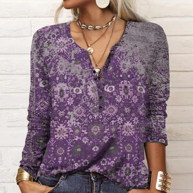 Damen Langarmshirt mit Detaildruck und Knopfleiste, Größe