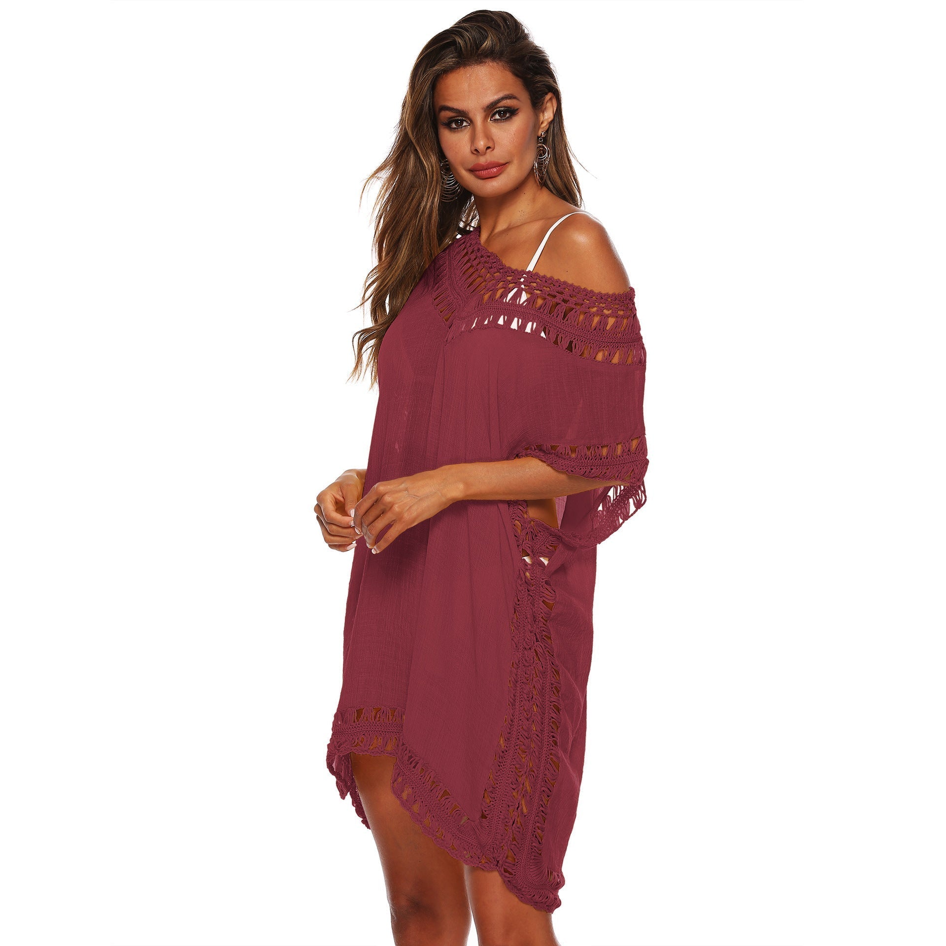 Women's beach tunic with artistic crochet embellishments, size Valenzora