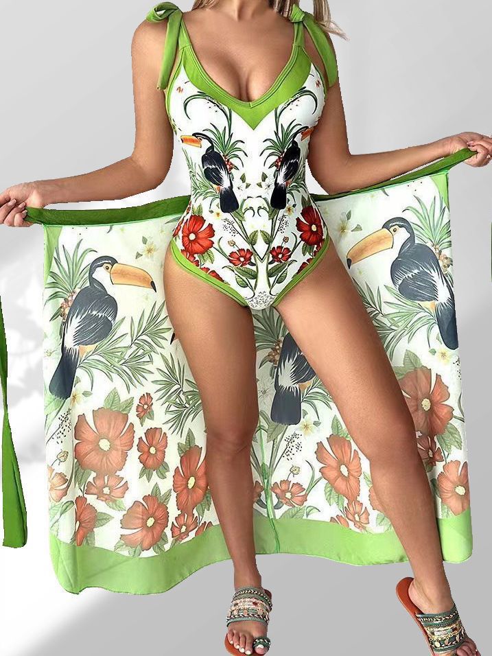 Women's pareo with botanical pattern and stylish tie belt, size