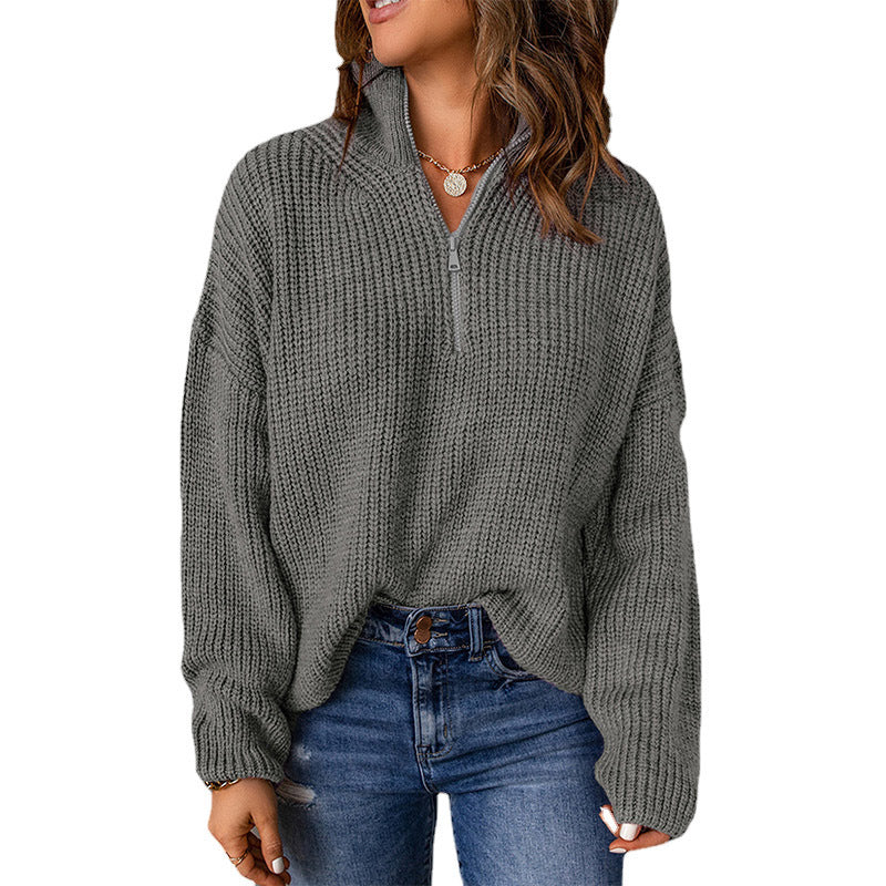 Women's chunky knit sweater with stand-up collar and zipper, size