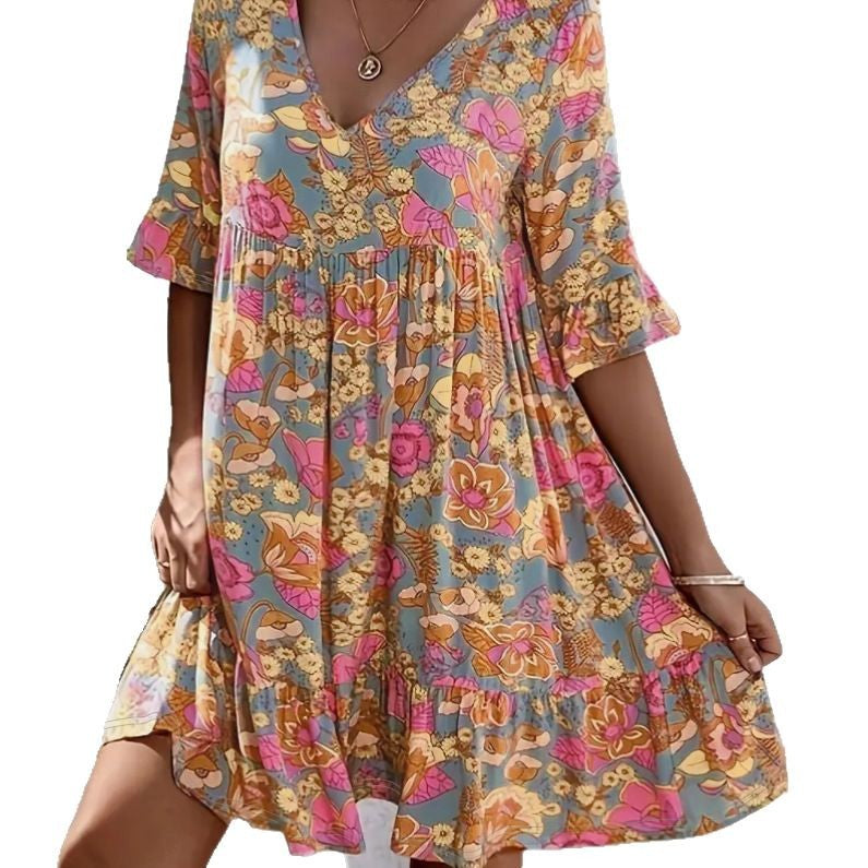 Women's V-neck Flowy Casual Dress Drune