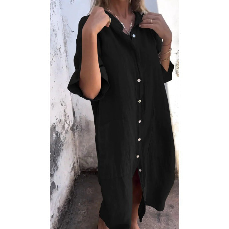 Valenzora | Loose, casual cotton-linen shirt dress with half sleeves