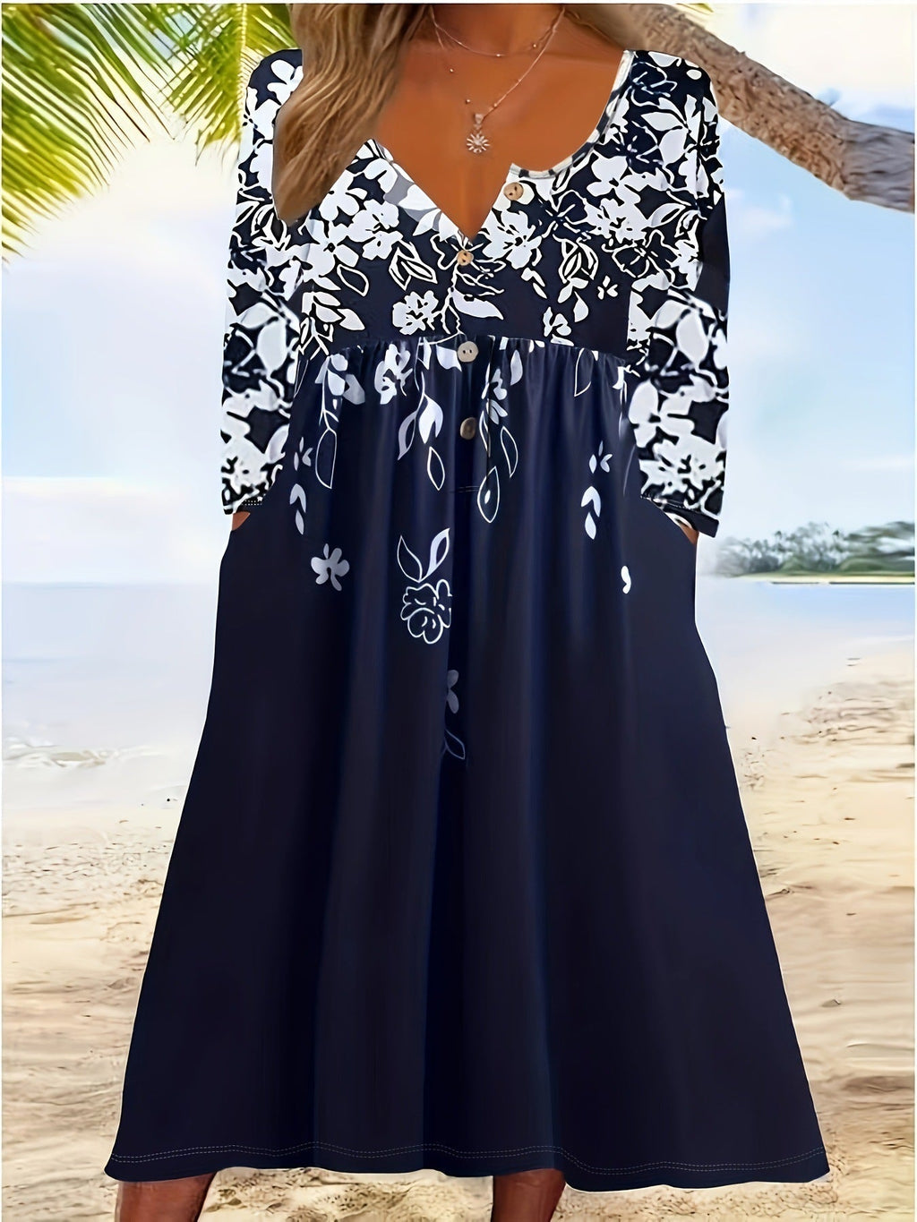 Women's flowing midi dress with floral print and practical pockets, size [size]