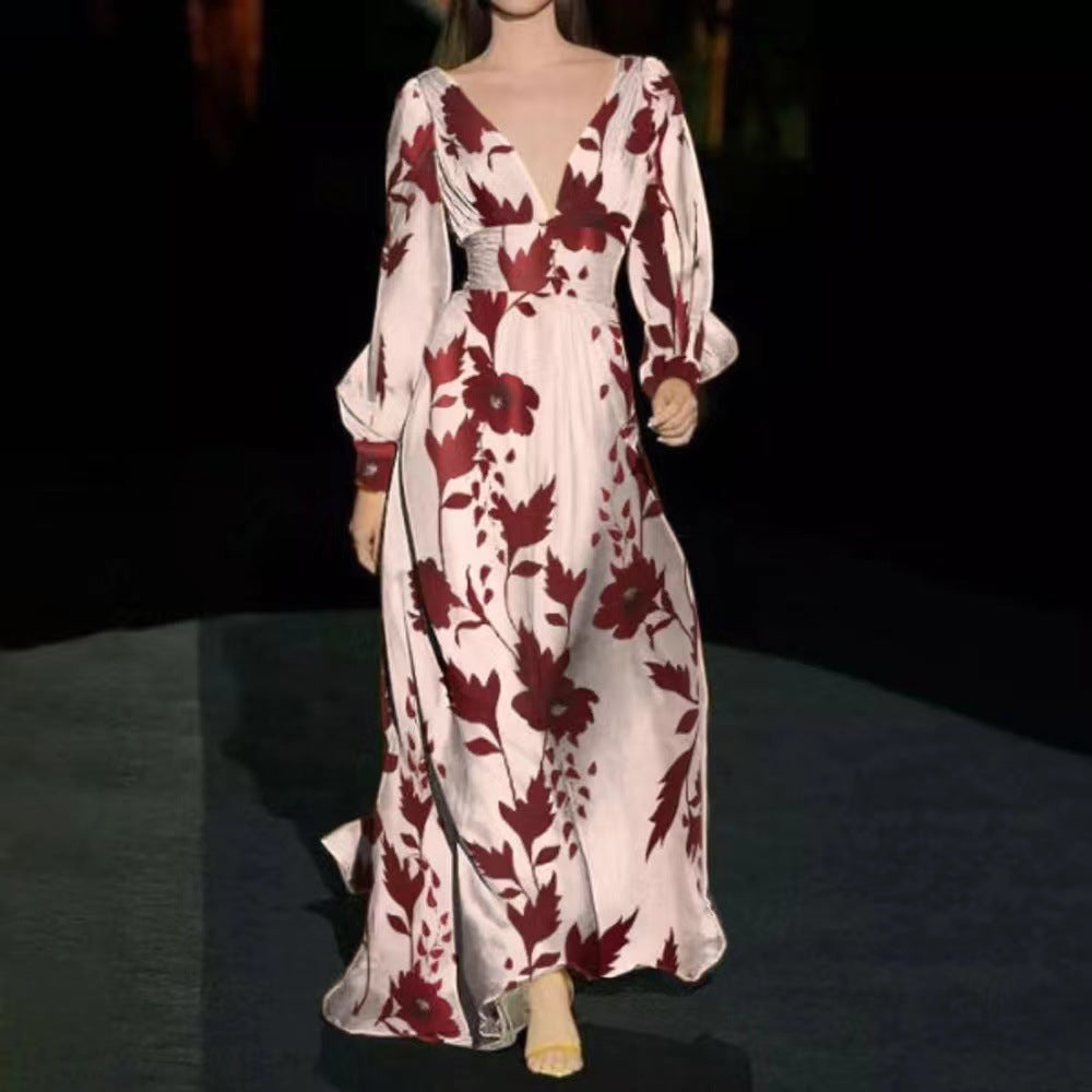 Women's Elegant Maxi Jumpsuit with Floral Patterns and Deep V-Neck Size