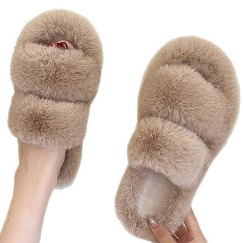 Damen Flauschige Hausschuhe mit doppelten Riemen und weichem Futter, Größe