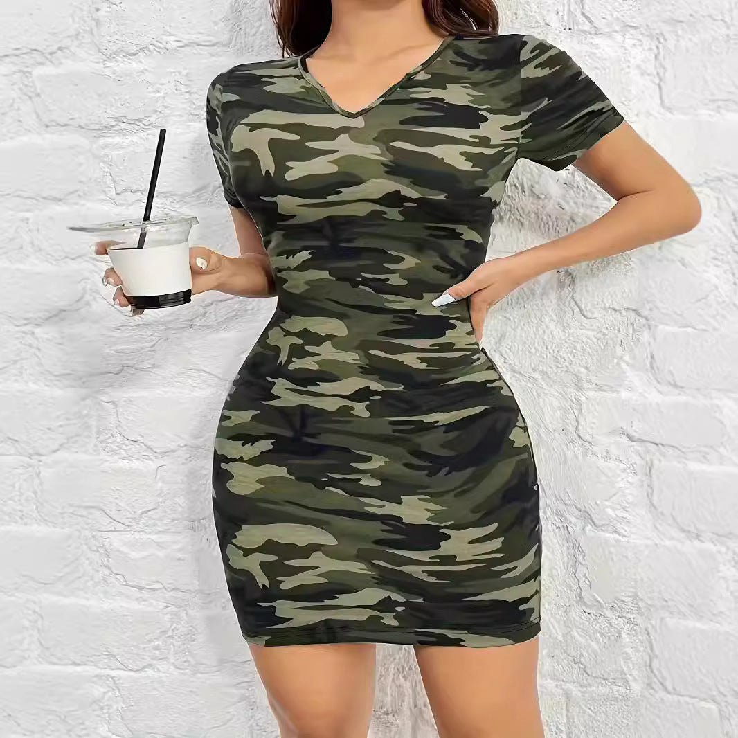 Women's figure-hugging camouflage print dress with short sleeves and V-neck Drune