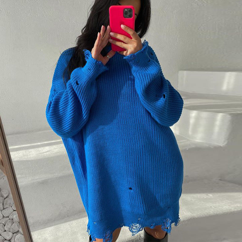 Valenzora Gerissenes Oversize-Strickkleid mit Rundhalsausschnitt