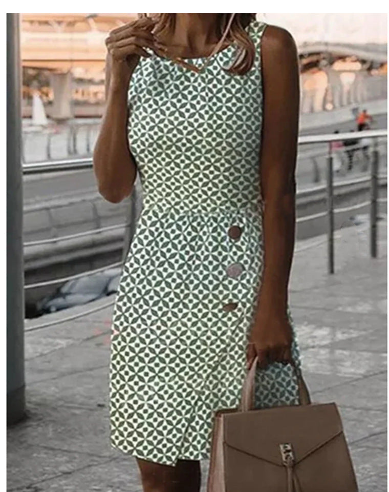 Valenzora | Sleeveless printed green button-up casual dress