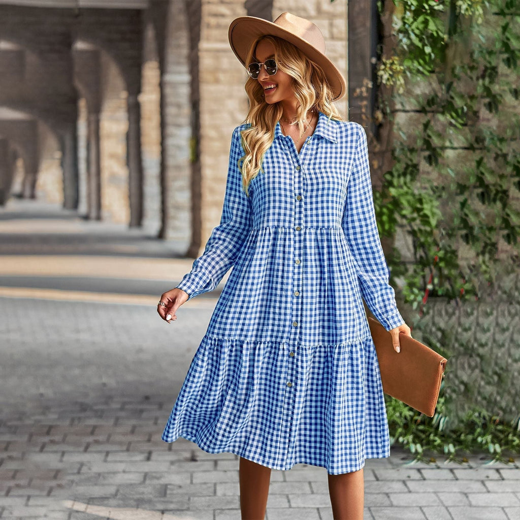 Women's checked midi blouse with button placket and flared skirt, size Valenzora