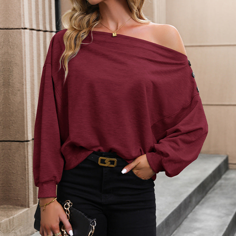 Damen lässiger One-Shoulder-Pullover mit auffälligen Knopfdetails, Größe