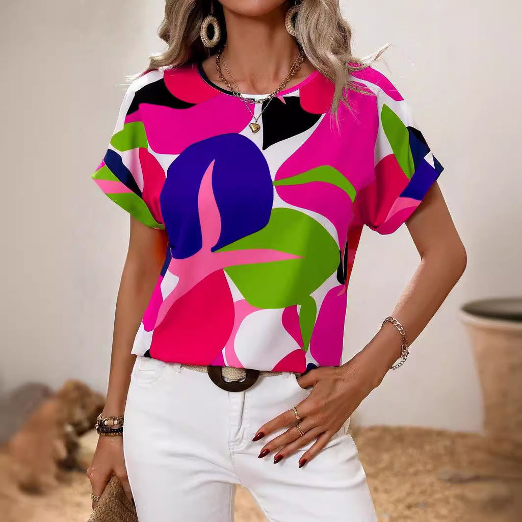 Women's casual blouse top with a modern botanical print and relaxed fit, size [size missing]