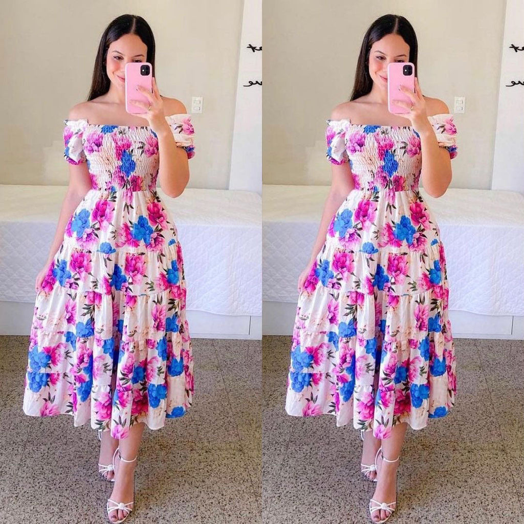 Women's midi dress with off-the-shoulder design and playful butterfly pattern, size S