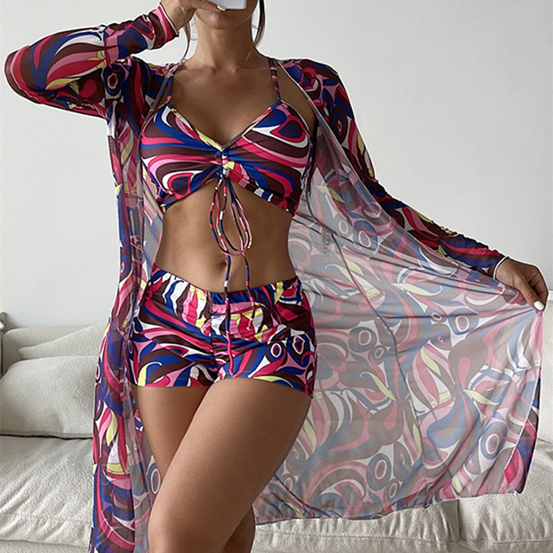 Damen Bikini-Set mit schönem Bindegürtel und floralem Kimono, Größe S