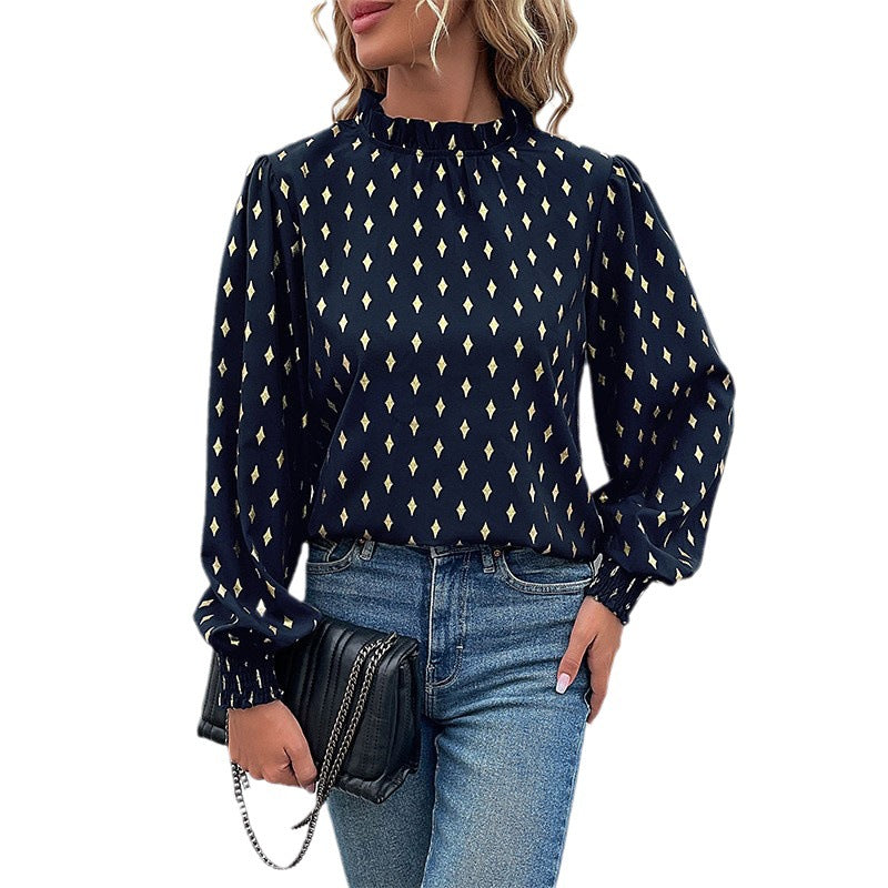 Women's blouse with elegant collar and fashionable pattern, size