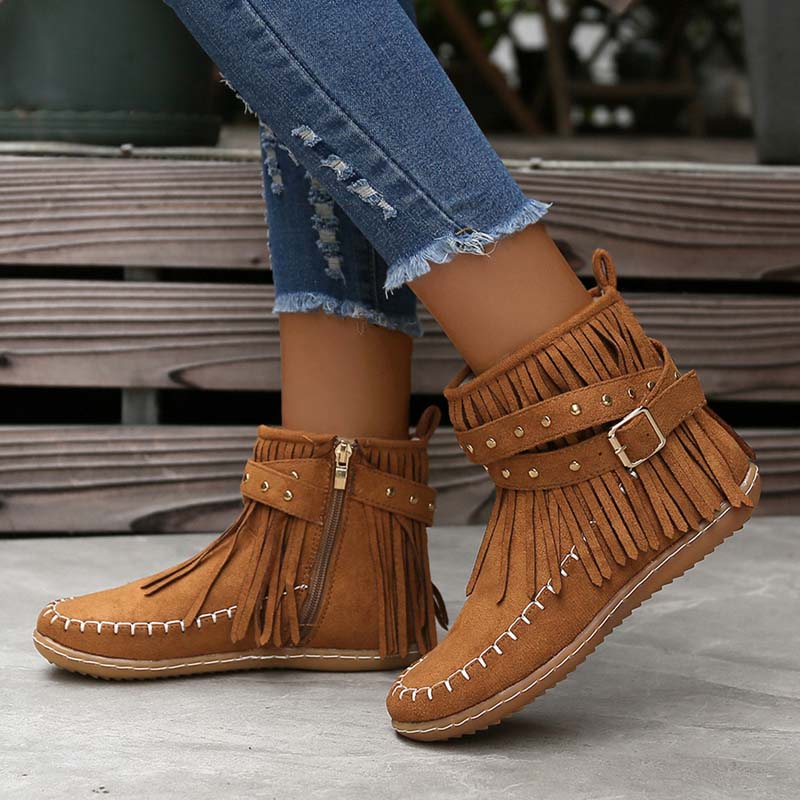 Valenzora | Boho-Stiefeletten mit Fransen und Schnallen für Damen