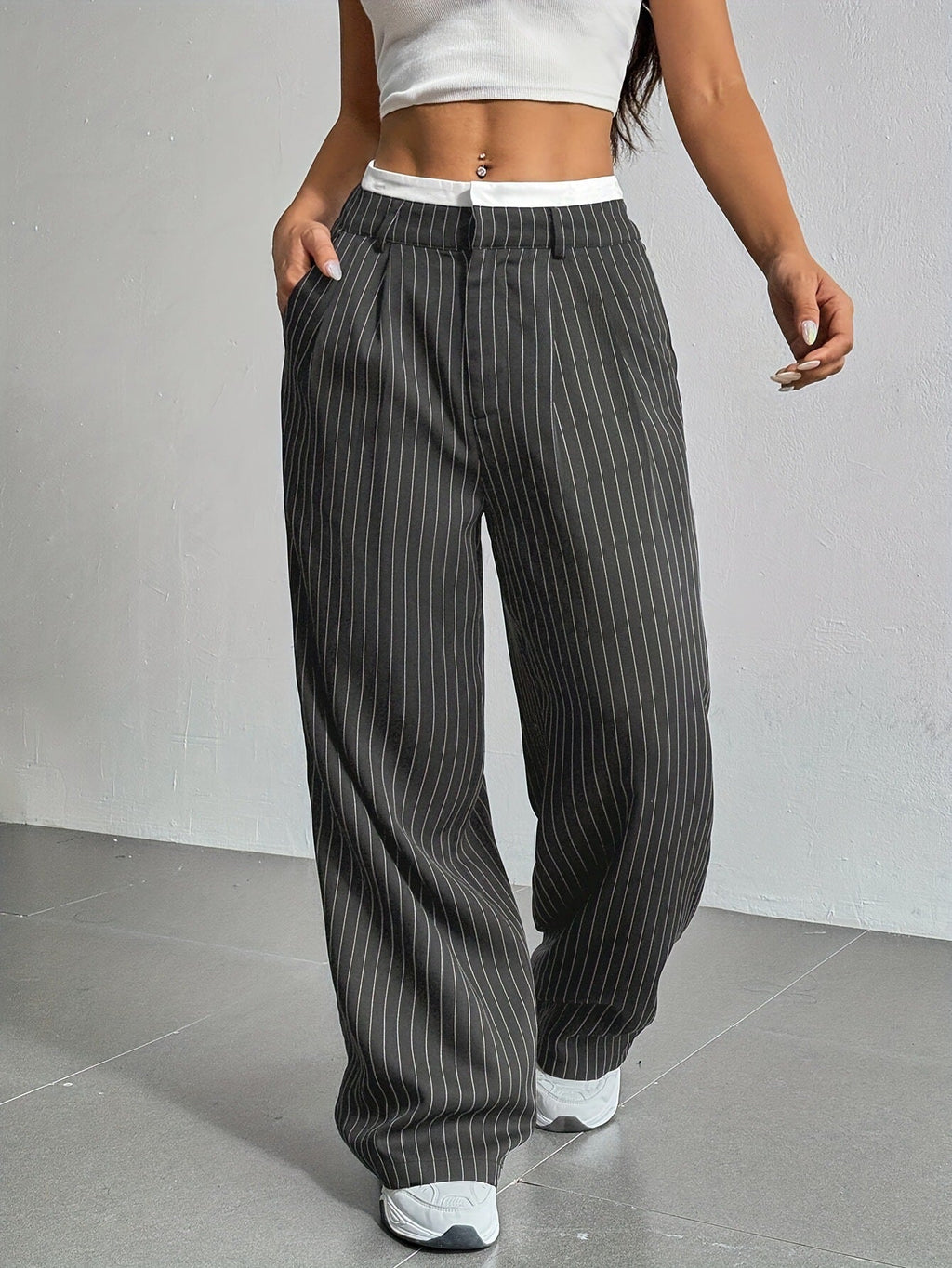 Women's Elegant Wide-Leg Pinstripe High-Waisted Trousers, Size