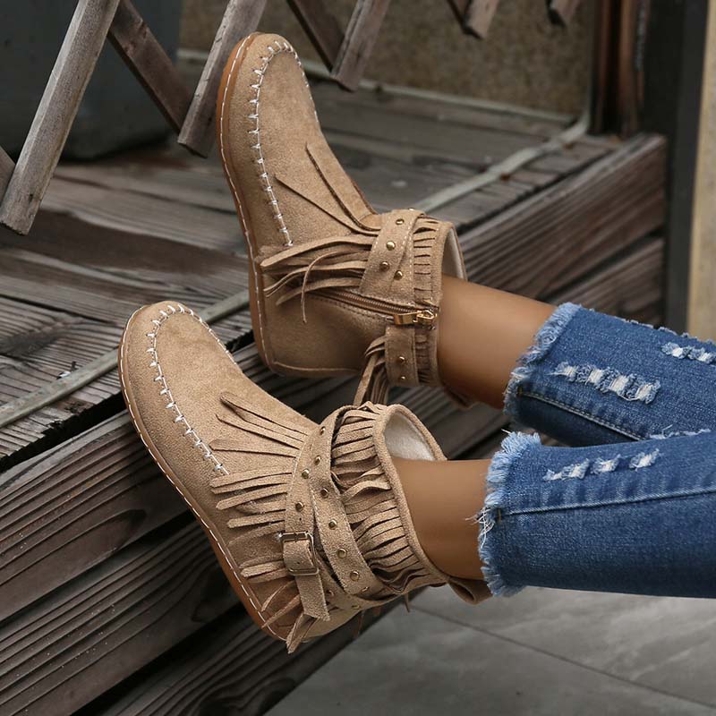 Valenzora | Boho-Stiefeletten mit Fransen und Schnallen für Damen