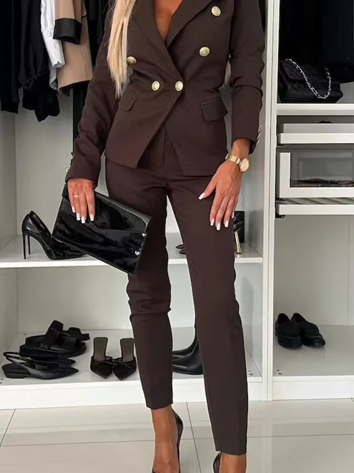 Women's elegant business suit set with double button placket and slim fit, size