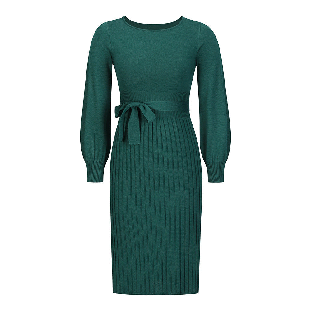Women's knitted dress with adjustable belt and long sleeves, size
