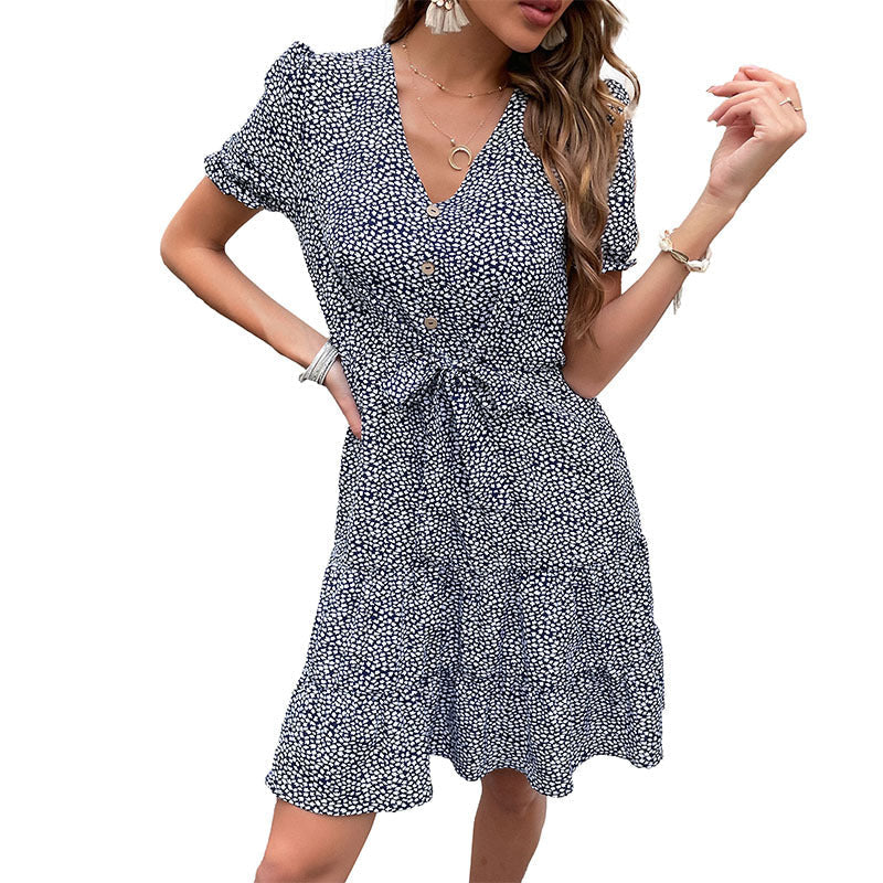 Women's summer dress with buttoned V-neck and elegant waistline, size