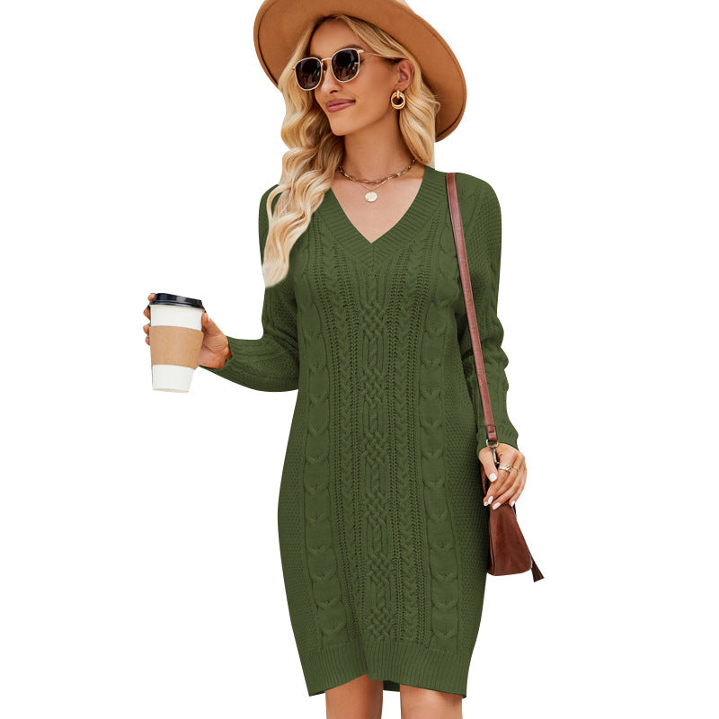 Valenzora | Solid color V-neck twirl knit dress