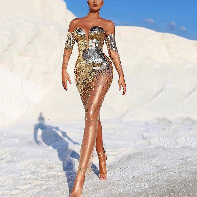 Women's glamorous party dress with sequins and deep neckline, size [size missing]