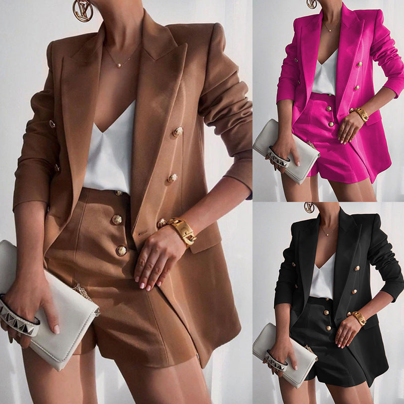 Women's blazer-shorts ensemble with elegant button placket and modern cut, size S