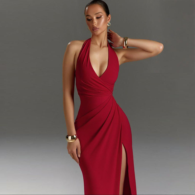 Women's evening dress with a seductive V-neck and elegant draping, size S