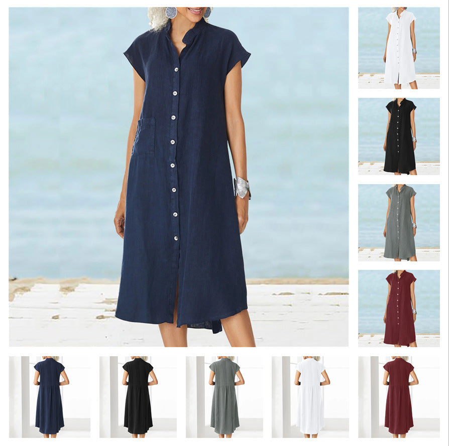 Women's midi dress with comfortable shirt collar and practical side pockets, size