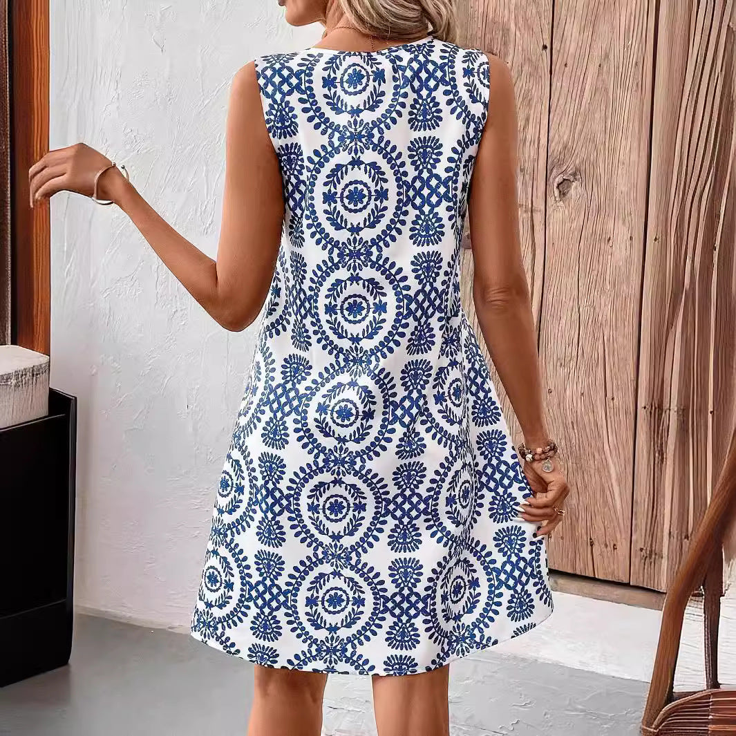 Damen ärmelloses Sommerkleid mit modischem Schlüssel-Ausschnitt und floralem Muster Drune