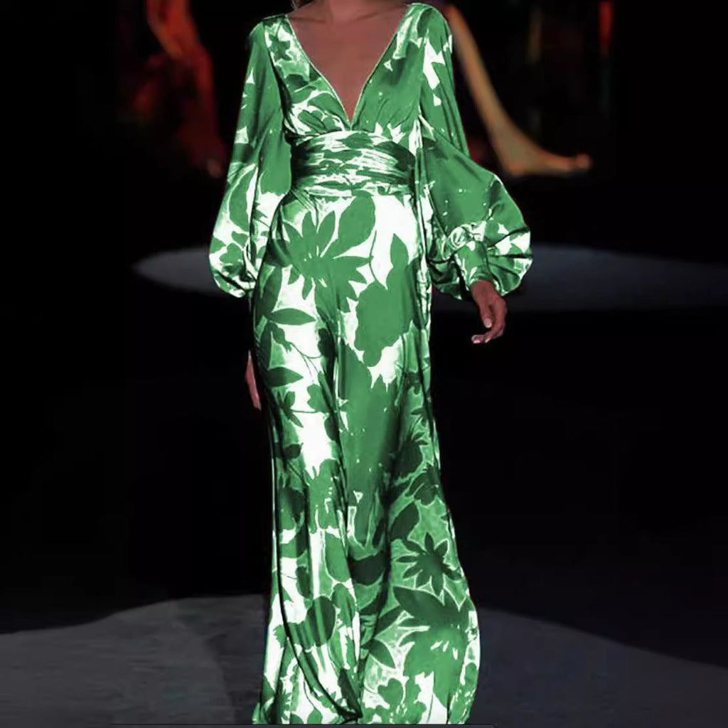 Women's Elegant Maxi Jumpsuit with Floral Patterns and Deep V-Neck Size